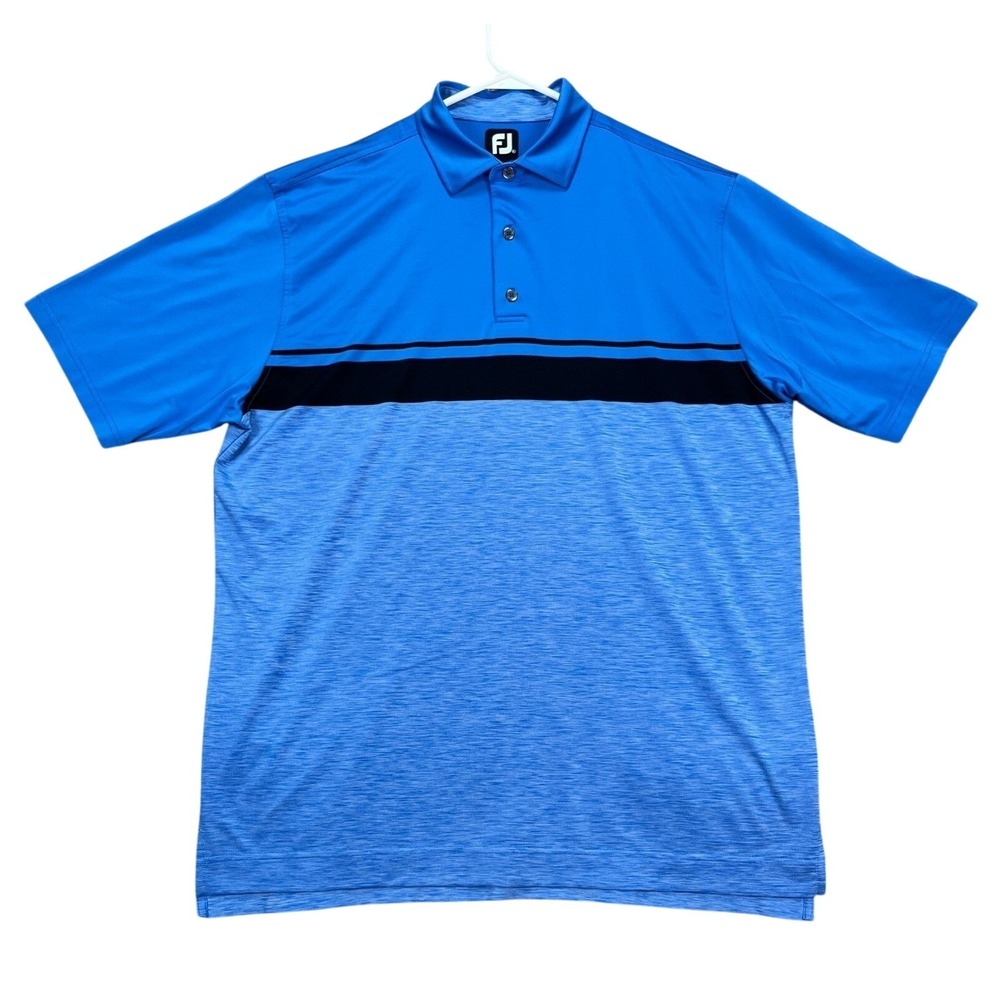 FootJoy Polo Shirt Men XL Blue Black Stripe Golf Performance Colorblock LOGO EUC